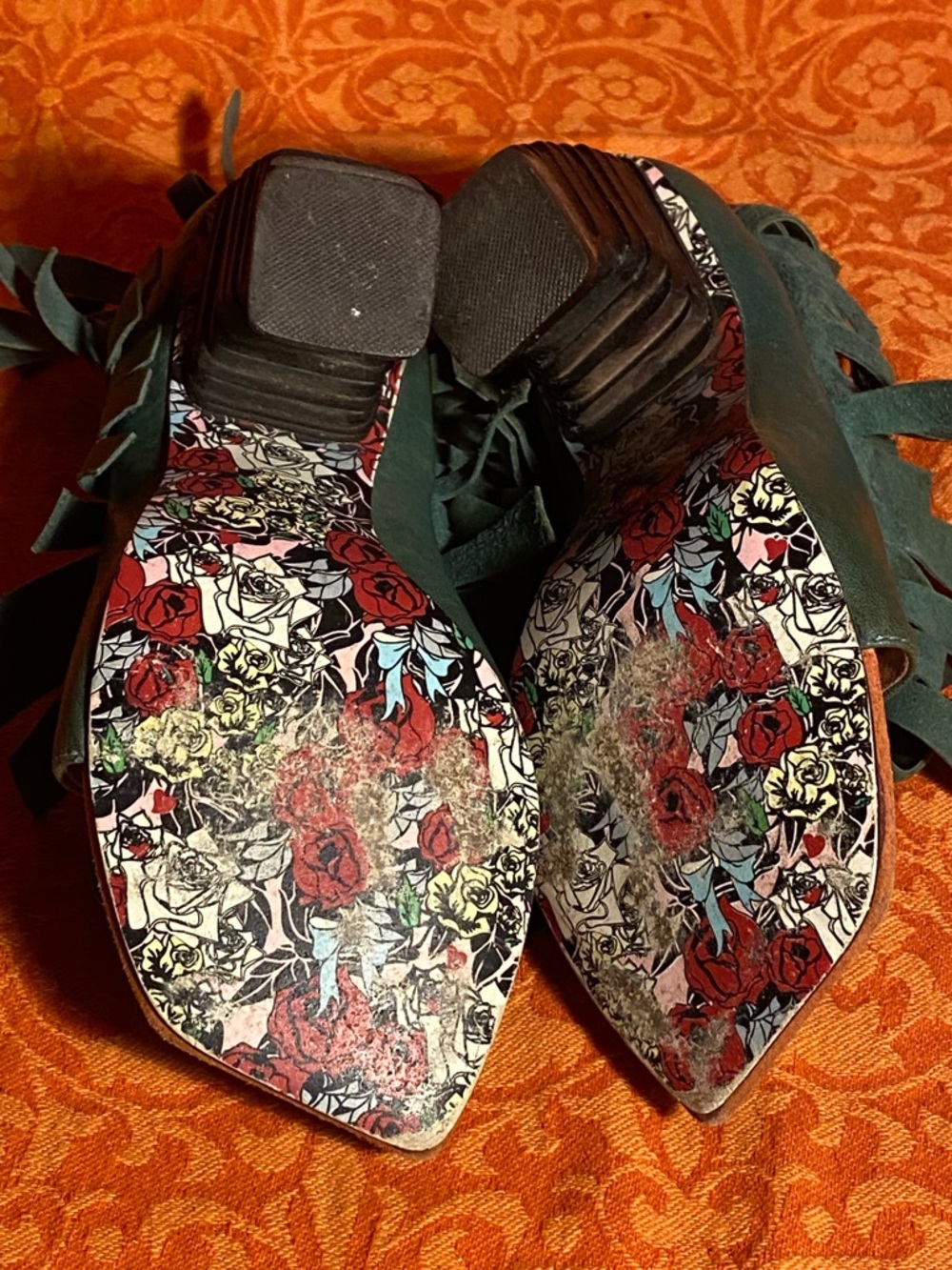 VTG Irregular Choice green leather sandals,thong toe,fringe trim,unique heels,7 - Picture 13 of 16